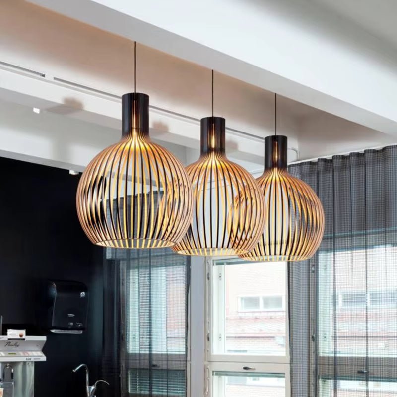 Hanging lamp with adjustable ceiling mount featuring an organic wooden design, perfect for adding a cozy ambiance to dining rooms. 0